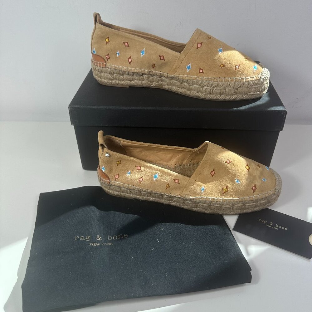 New Rag & Bone Adria Espadrille Women"s Size 40 Shoes Suede Tan Beige Emroidered